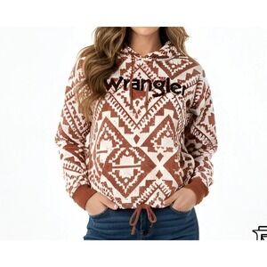 Wrangler Logo Cinched Hoodie Ginger Spice sz Large Aztec Crop Western Pullover